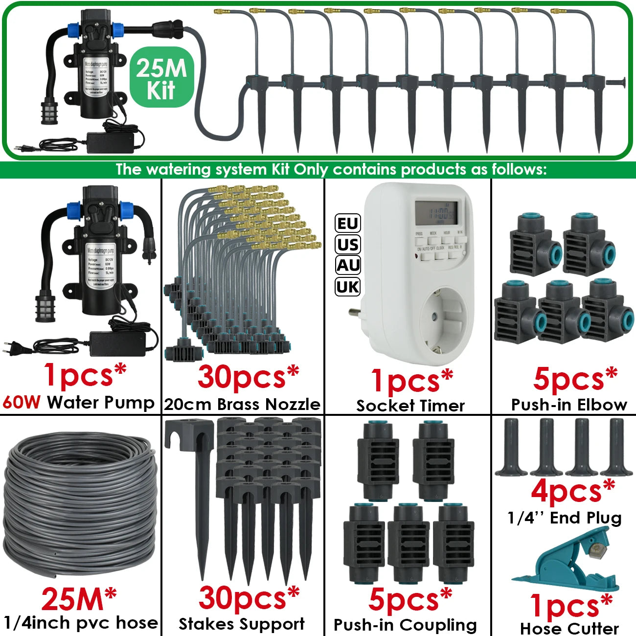 5M-30M Garden Watering System Self-priming Pump Timer 360° Bendable Mist Brass Cooling Sprinkler Drip Irrigation Kit Pot Bonsai