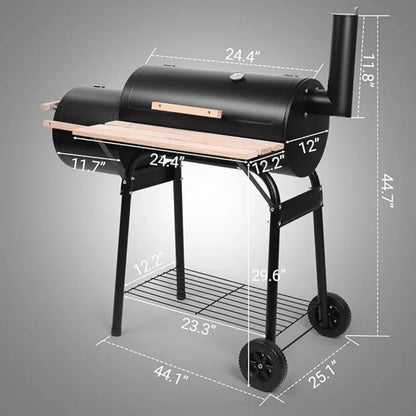 Charcoal Grill and Offset Smoker, Outdoor Patio Barbecue Cooker with Wheels, Portable Backyard BBQ Oven with Side Fire Box