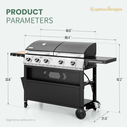 Propane Gas Griddle Grill Combo with Porcelain-Enameled Cast Iron Grate & Cast Iron Pan