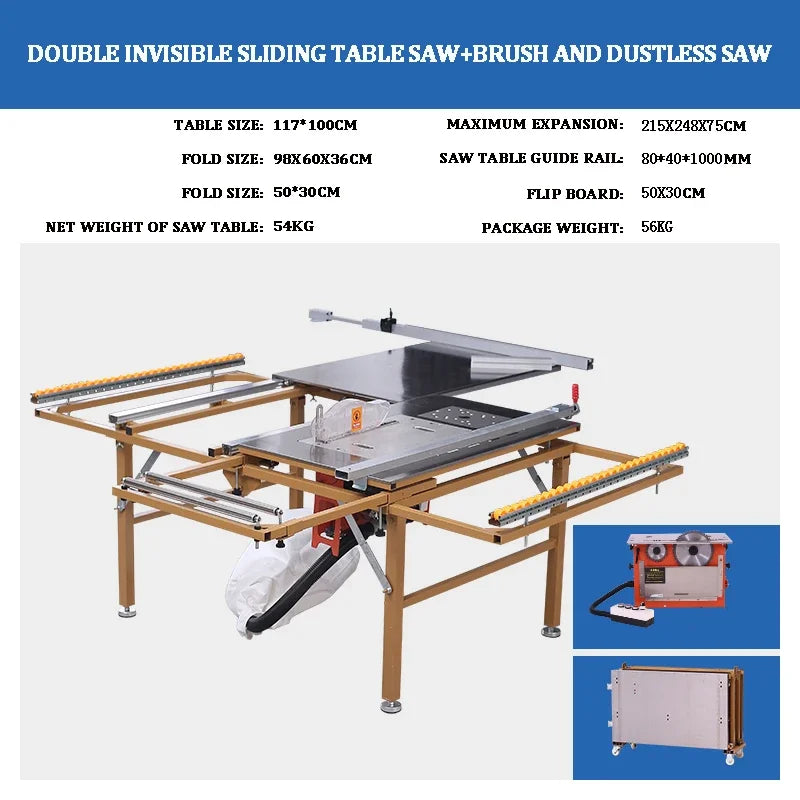 Multifunction Folding Electric Woodworking Table Saw with Sliding Guide & Stainless Steel Top