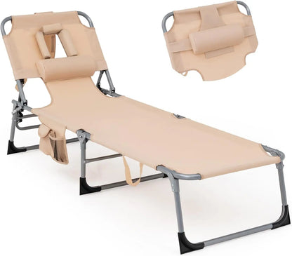 Folding Tanning Chair with Face & Arm Hole, 5-Position Adjustable Backrest, Removable Pillow & Side Pocket