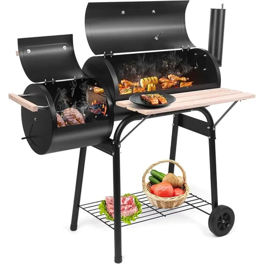 Charcoal Grill and Offset Smoker, Outdoor Patio Barbecue Cooker with Wheels, Portable Backyard BBQ Oven with Side Fire Box