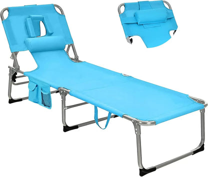 Folding Tanning Chair with Face & Arm Hole, 5-Position Adjustable Backrest, Removable Pillow & Side Pocket